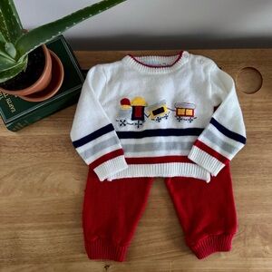 Vintage Wee Folks Train Sweater Set 12M Red Knit Toddler Outfit | Retro Set